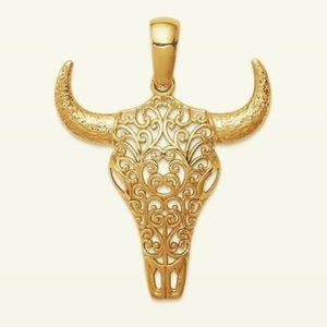 14K Yellow Gold Bull Skull Horns Filigree Charm